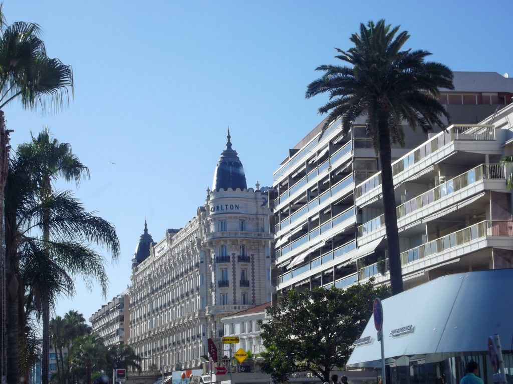 A view of the famous and lavish Ritz Carlton hotel from the outside in Cannes, France.