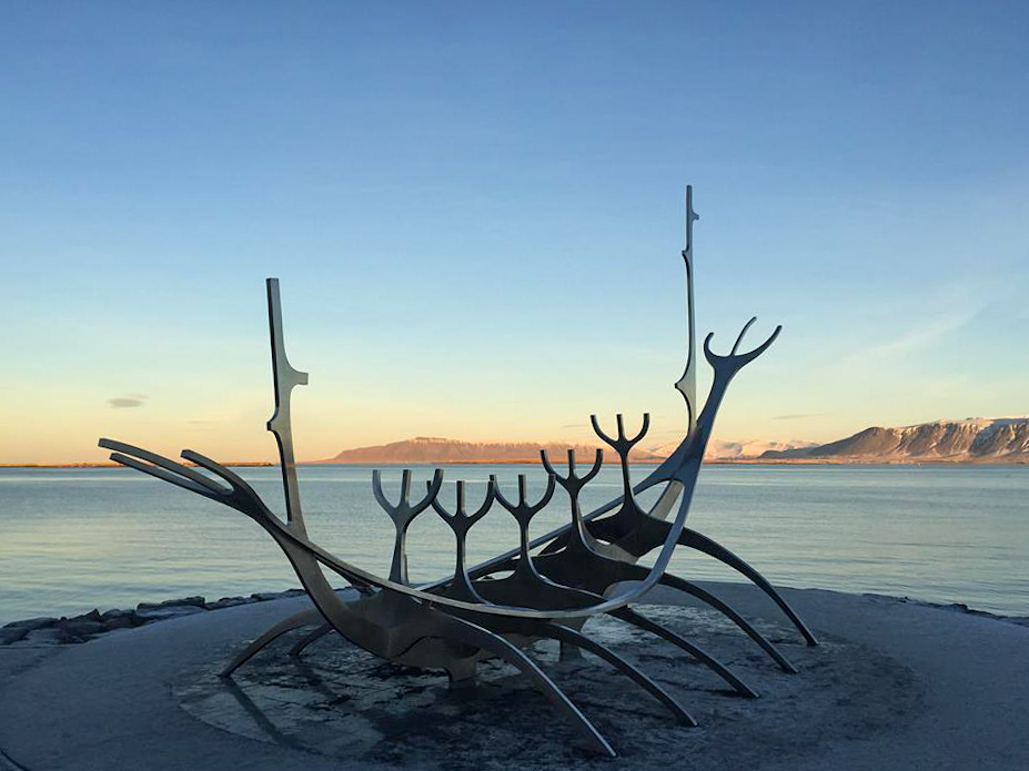 A close up of the metal boat sculpture on the coast of Reykjavik.