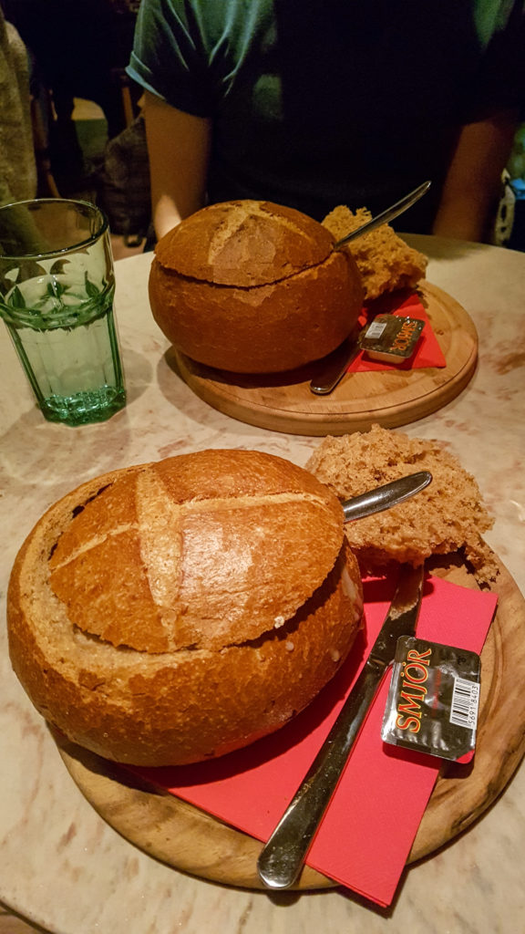 Two bread bowls filled with delicious Icelandic soup.