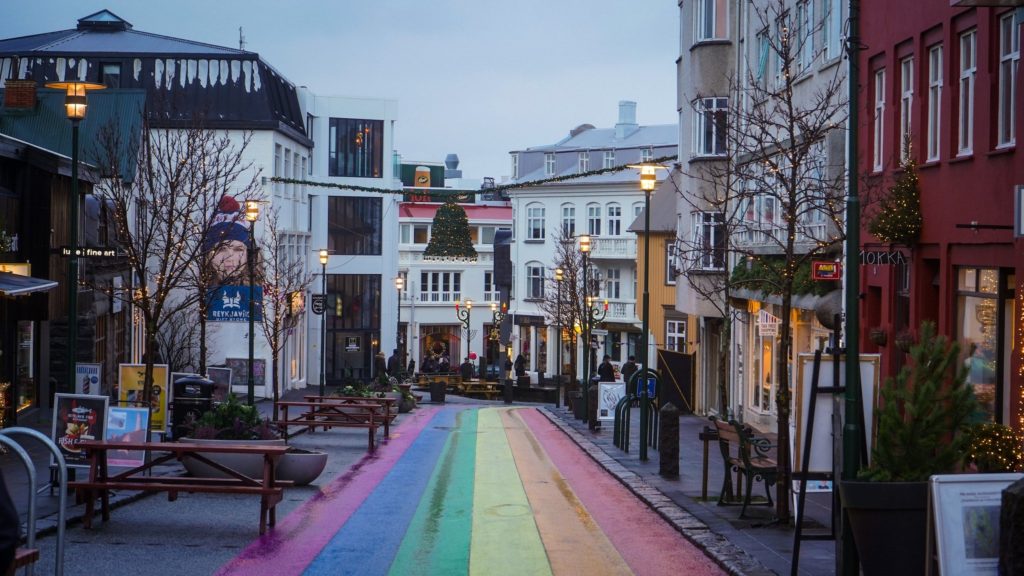 A rainbow-coloured street in Reykjavik.