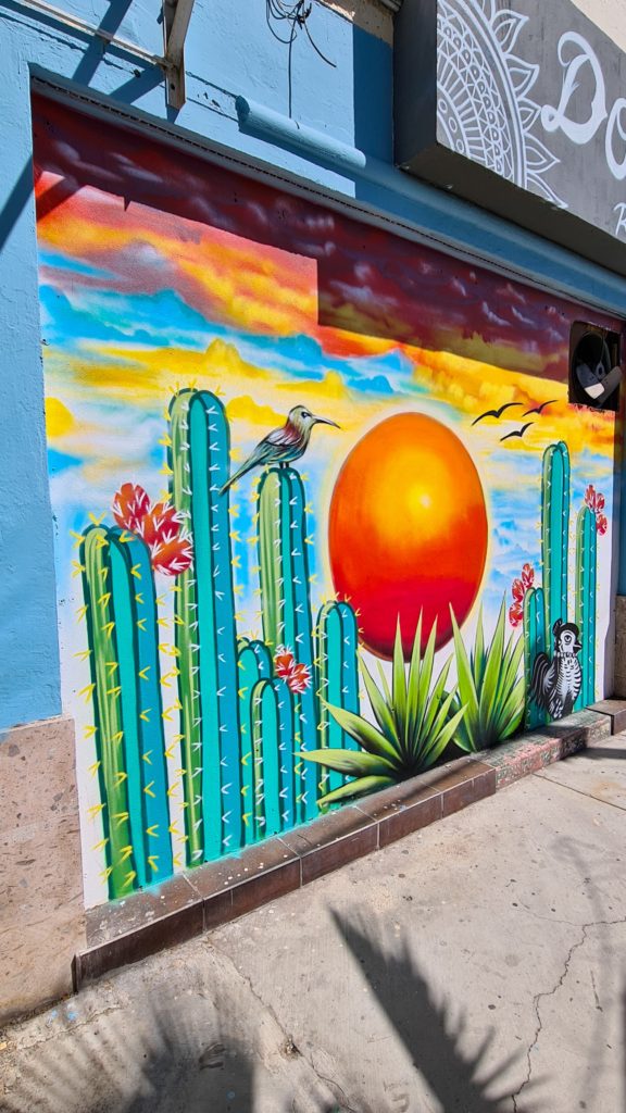 Street art in La Paz: The giant sun rises over a field of cacti.