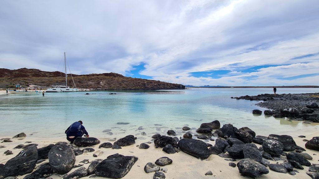 A photographer leans close to the clear waters of a Mexican beach. Black volcanic rocks cover the shoreline.