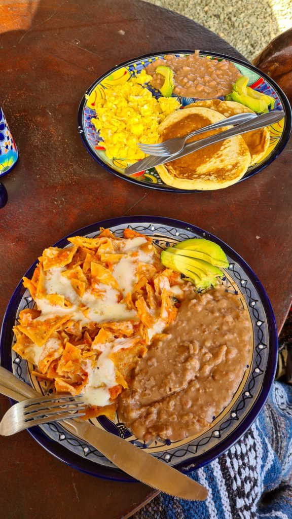 With traditional Mexican food, often the simpler, the better. The breakfast on offer at Magdalena Bay Whale Camp includes refried beans, avocado, eggs, pancakes and chilaquiles.