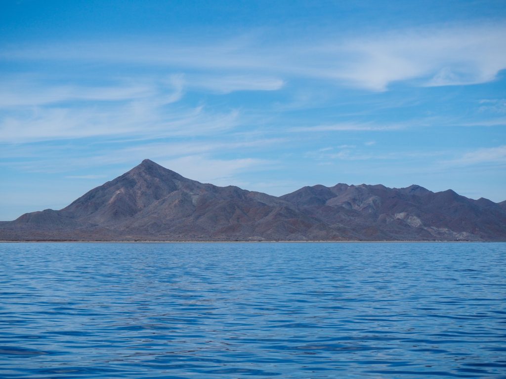 Mountains frame the blue waters of Magdalena Bay, Mexico.