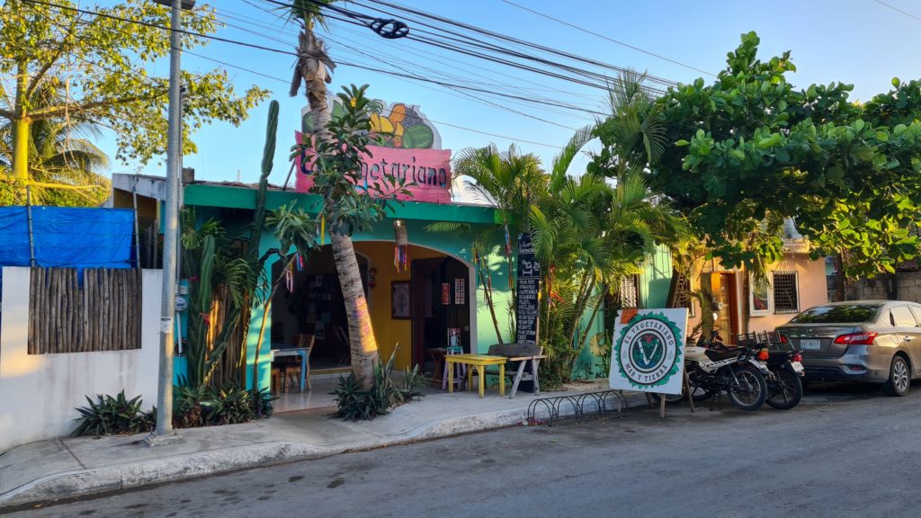 A colourful cafe with greenery on either side.