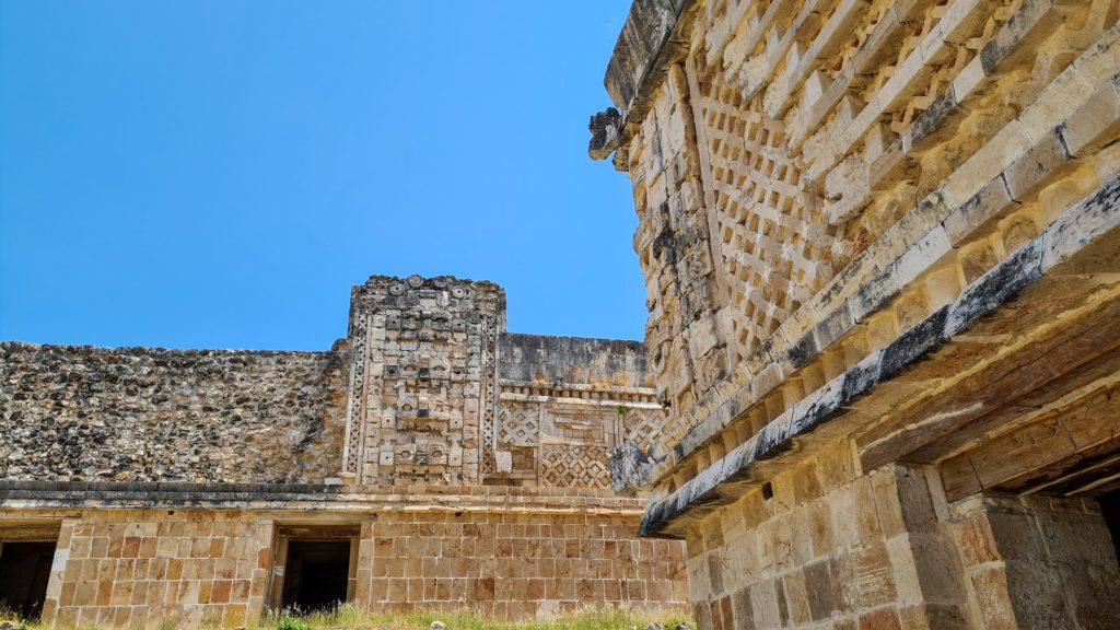 Intricate carvings and patterns cover the buildings in Uxmal, Mexico.