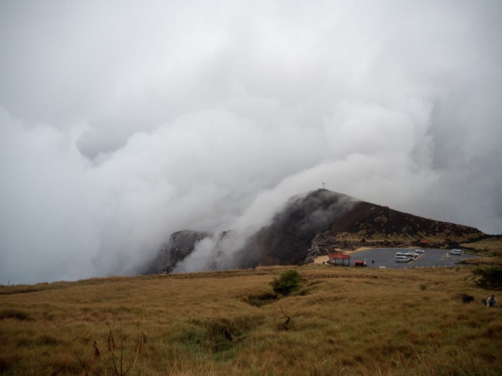 Clouds move over Masaya Volcano, parting to reveal the famous cross placed there by Spanish Conquistadors.