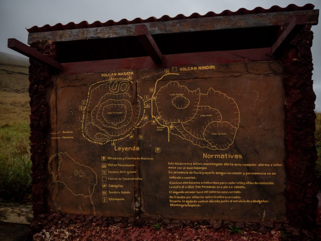 A map shows various hikes and routes to be taken around Masaya National Park.