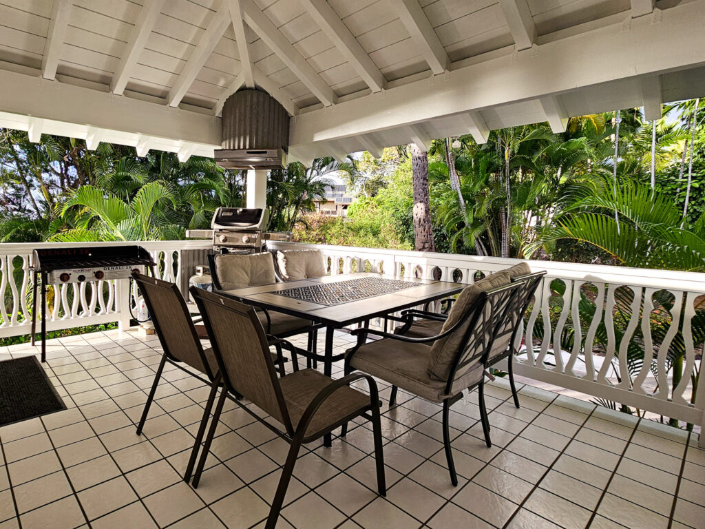 In the golden light of the afternoon sun we can see an outdoor cooking and grilling area. There is also a large table with enough room for six or more people.