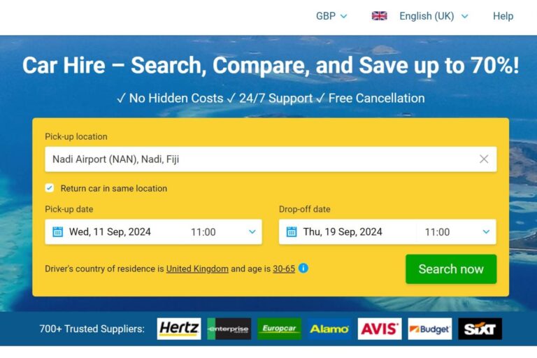 This is a screenshot of the homepage of DiscoverCars.com. There are options to choose from such as the rental time period and the pick-up and drop-off locations.