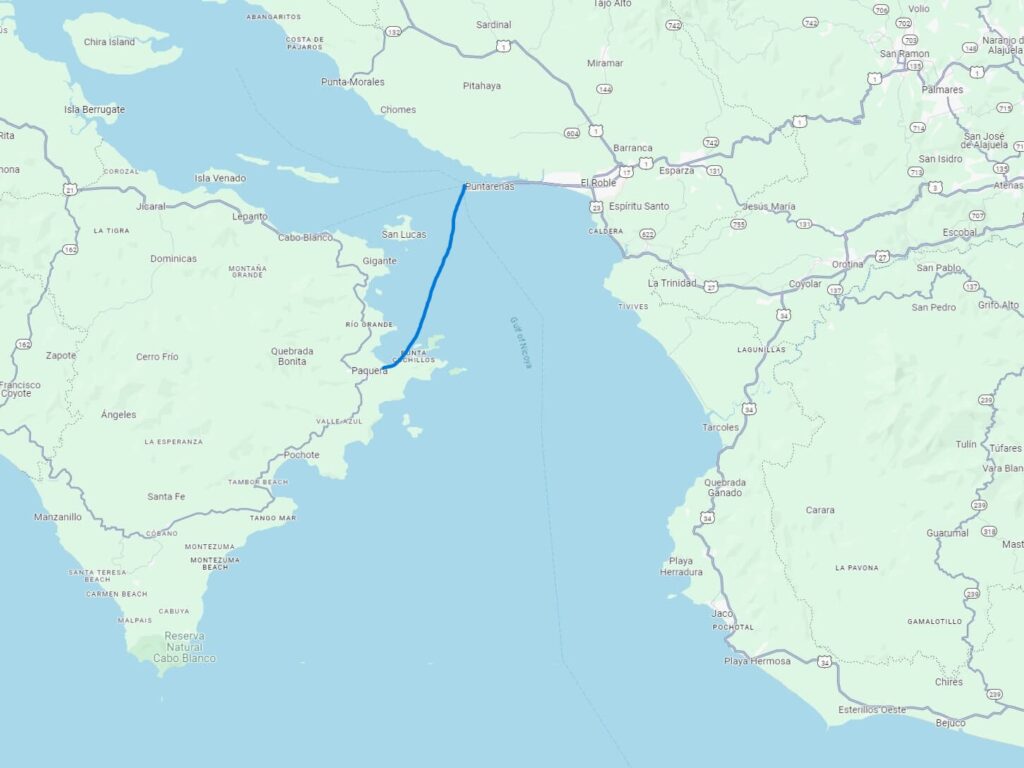 This map shows where the ferry goes from Puntarenas to Paquera and back, spanning the Gulf of Nicoya.