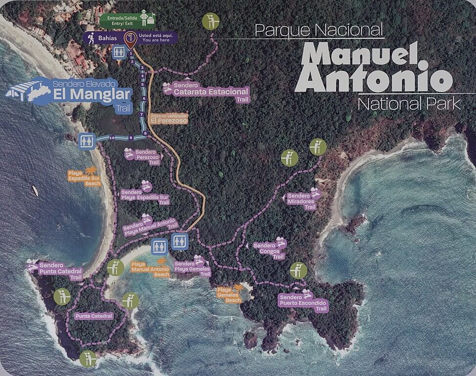 A Manuel Antonio National Park hiking trail map showing different routes that visitors could take.