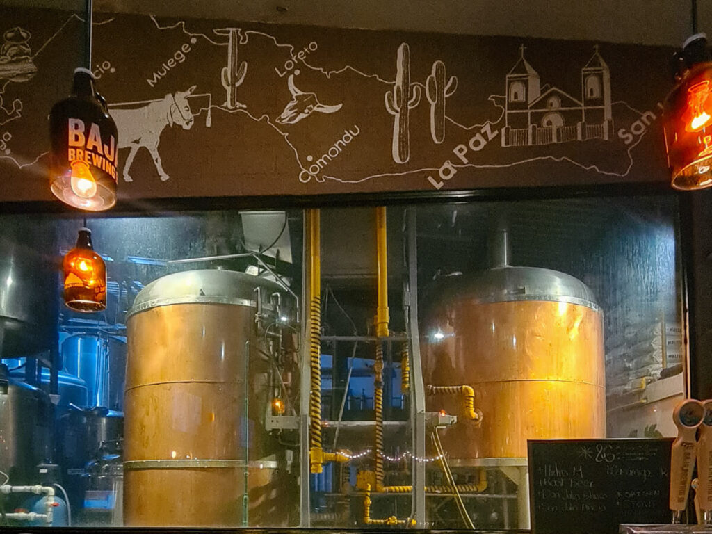 Two large beer containers at Baja Brewing Company.