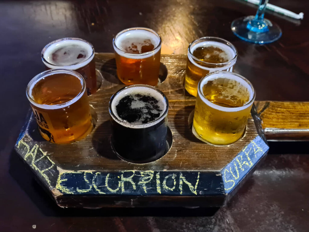 A flight of six beers at Baja Brewing Company, San José del Cabo.