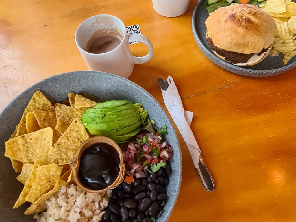 A plate of fresh beans, rice, totopos, avocado and a veggie burger at the Chula restaurant, San José del Cabo.