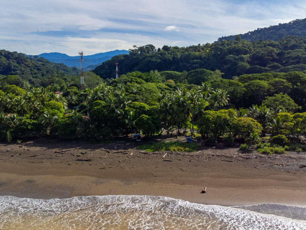 A drone shot of a tropical beach. Waves are lapping at brown sand and the beach is lined with palm trees. Two camper cars are parked on the edge of the tree line.