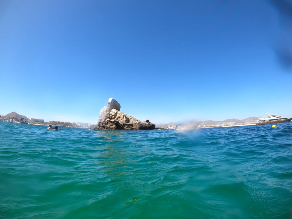 Pelican Rock dive site in Cabo San Lucas from the water level.