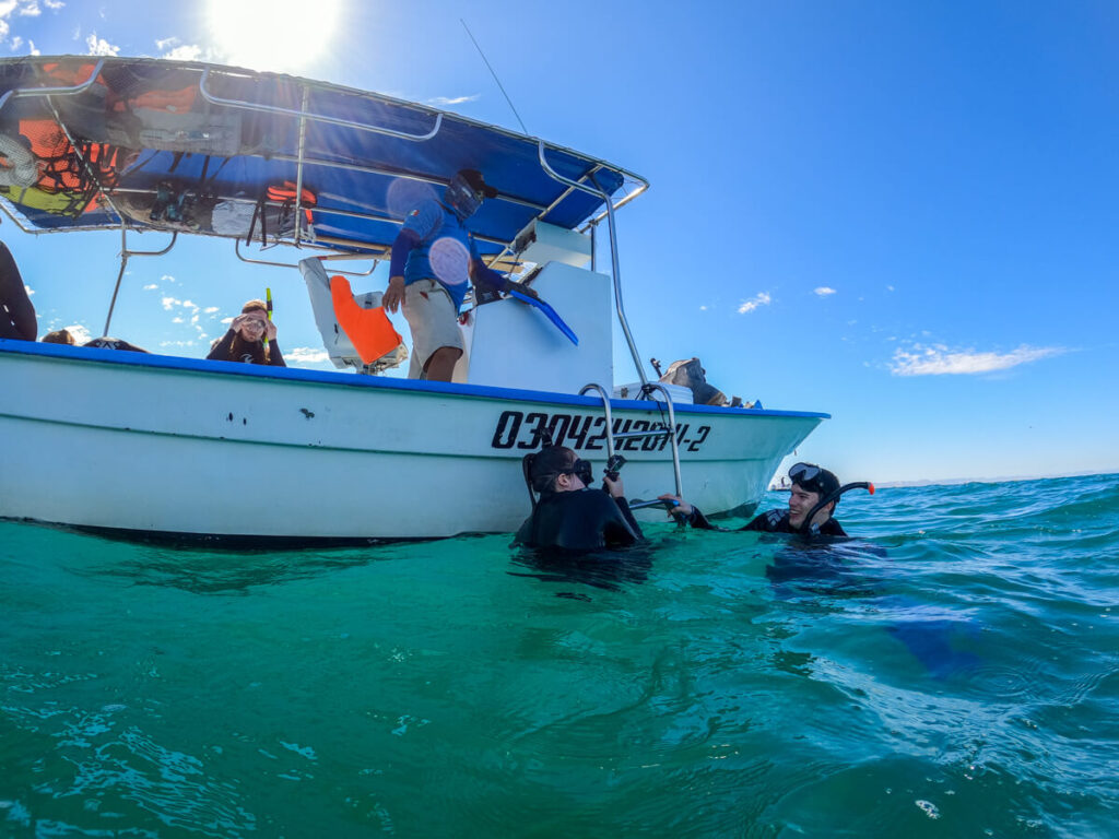 Lucy and Dan smiling at each other as they prepare to get on a small boat after snorkelling with whale sharks.
