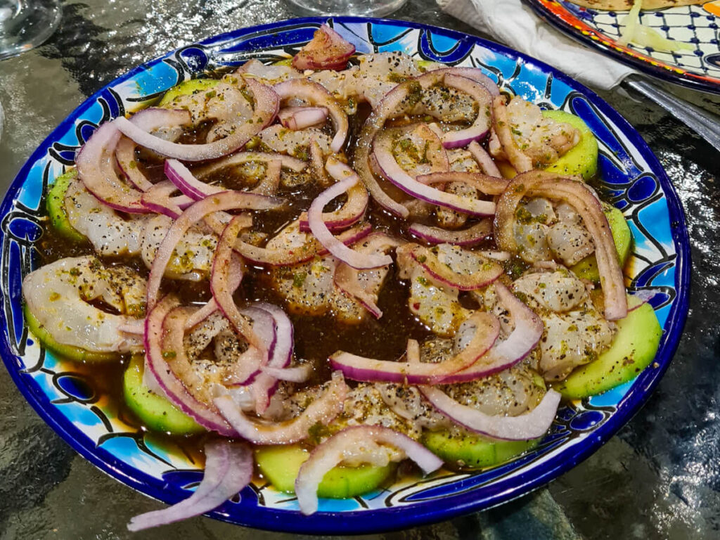 A plate of aguachile served fresh at the Magdalena Bay Whales Camp restaurant.