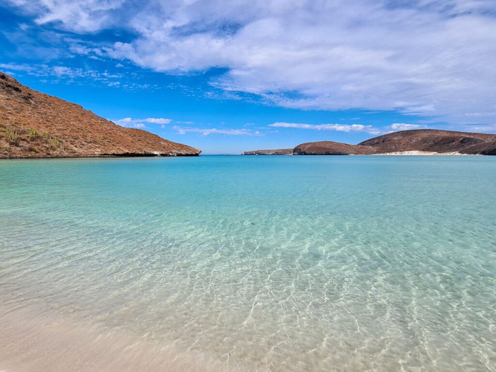 The shallow water of Balandra Beach sparkling in the sunshine.