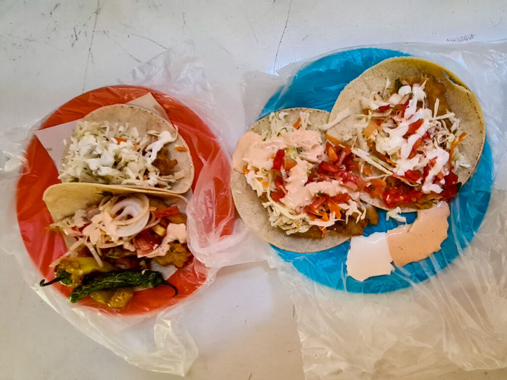 Fresh battered fish tacos topped with onions, coleslaw and spicy sauces. The plates are bright red and blue and are wrapped in see-through plastic.