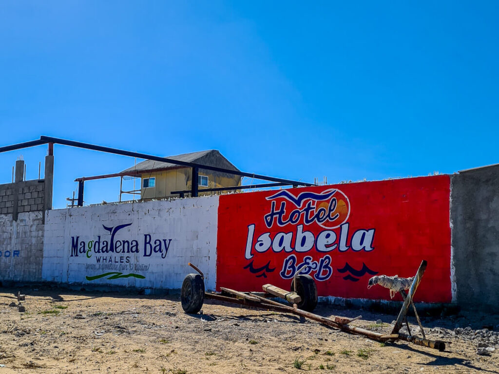A white painted wall reads "Magdalena Bay Whales" and a red painted wall beside it reads "Hotel Isabela B&B".