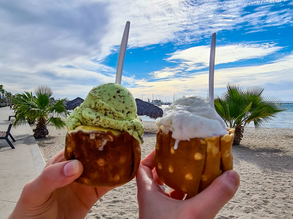 Dan and Lucy holding up their ice-creams . They are both in waffle-bowls - one is mint-chocolate chip, and the other is coconut.