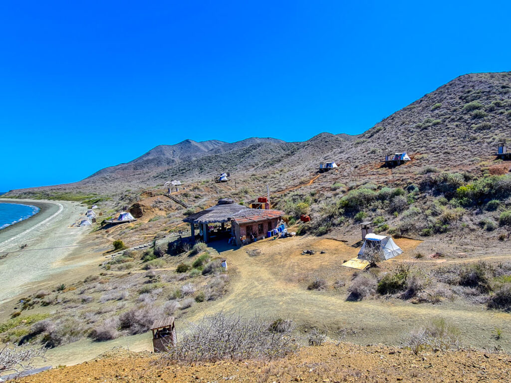 The glamping tents of Magdalena Bay Whales Camp. The sun is high in the sky and the landscape is dusty with small shrubs.