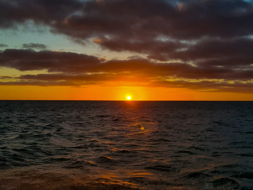 The orange sun rising over rough seas in Magdalena Bay.