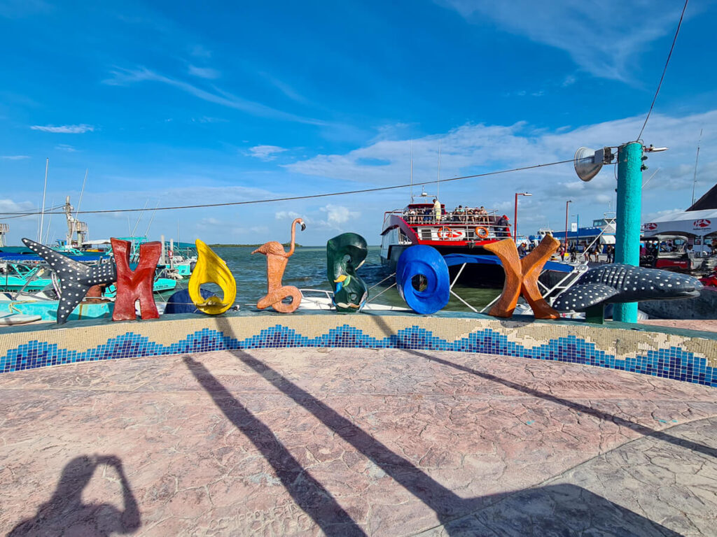 Multicoloured letters spelling Holbox near the ferry terminal.