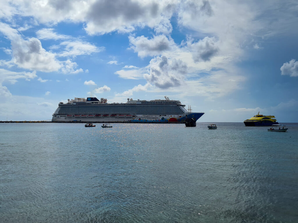A large cruise ship off the coast of Isla Cozumel.