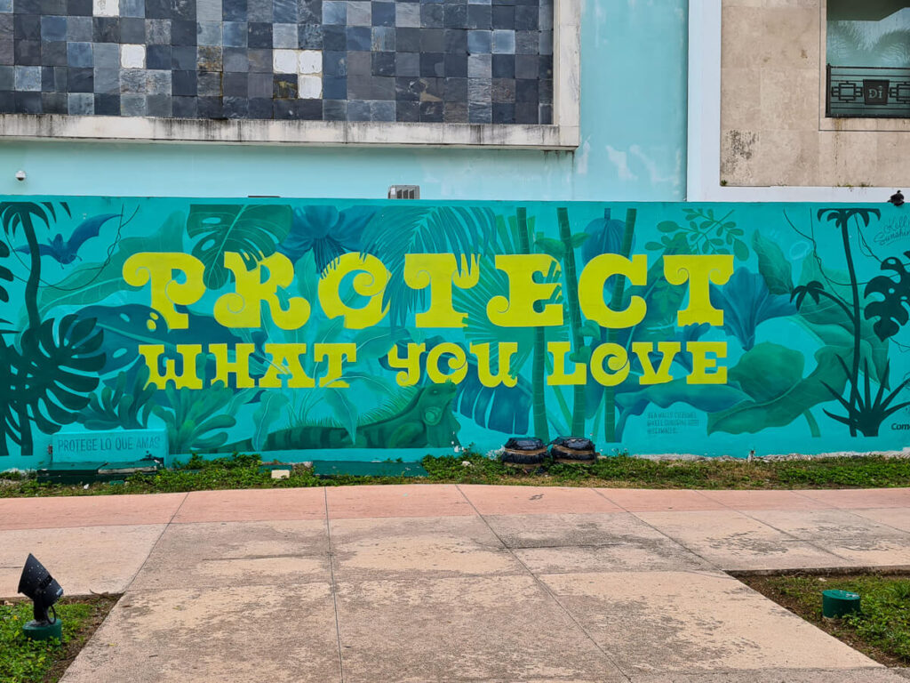 A mural on a wall spelling "Protect What You Love".
