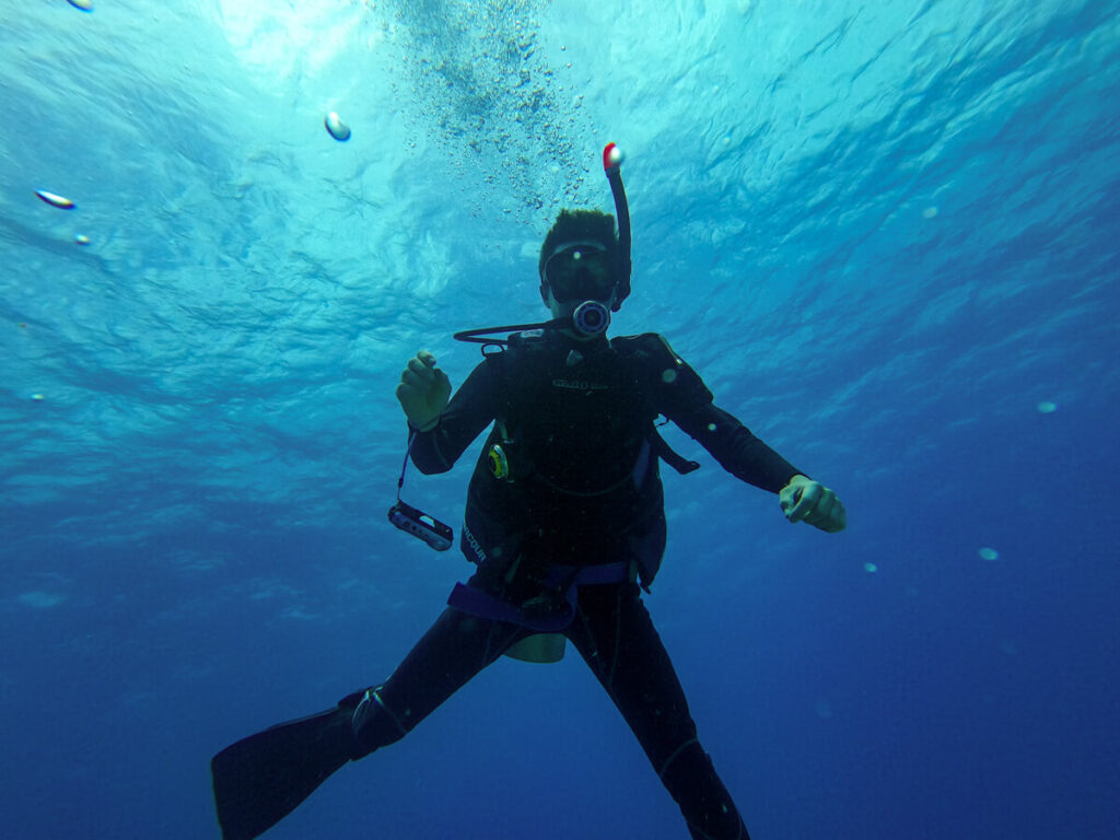 Dan underwater, SCUBA diving in Cozumel.