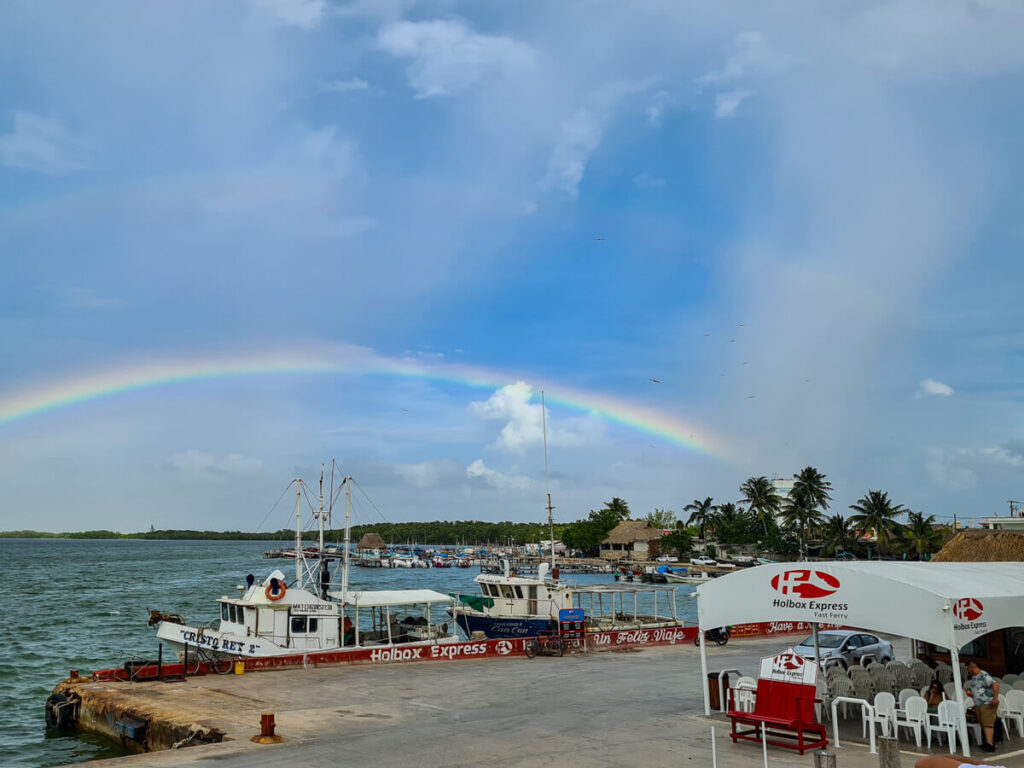 A rainbow over the Holbox Ferry terminal in Chiquila.