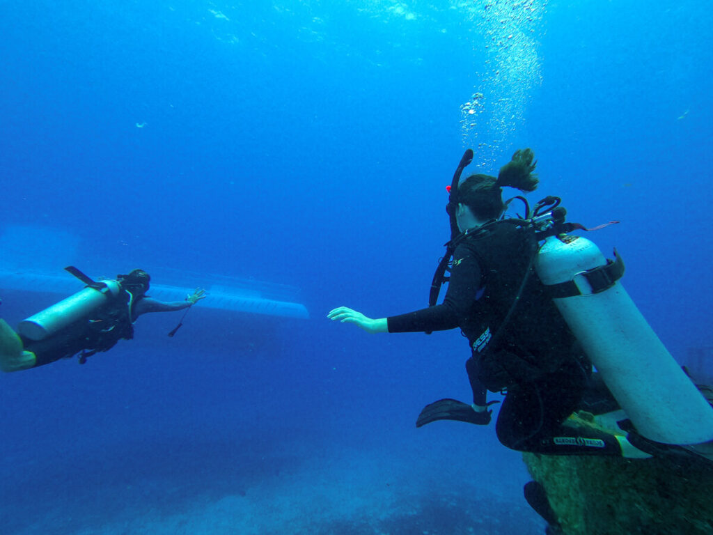 Lucy SCUBA diving in Cozumel, watching the Atlantis Submarine glide past underwater.