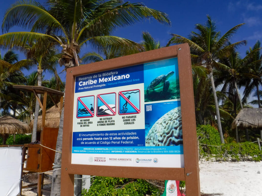 One of the many signs that show the rules for snorkelling at Akumal Bay.