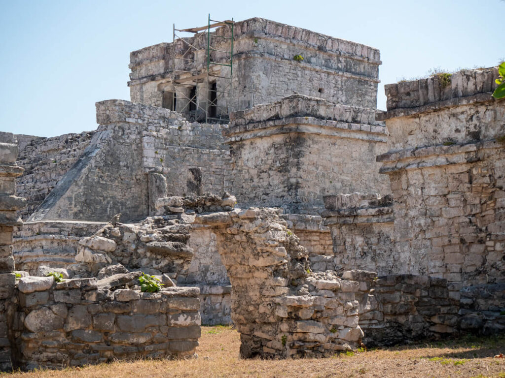 The large El Castillo structure in Tulum Mayan Ruins, Mexico.