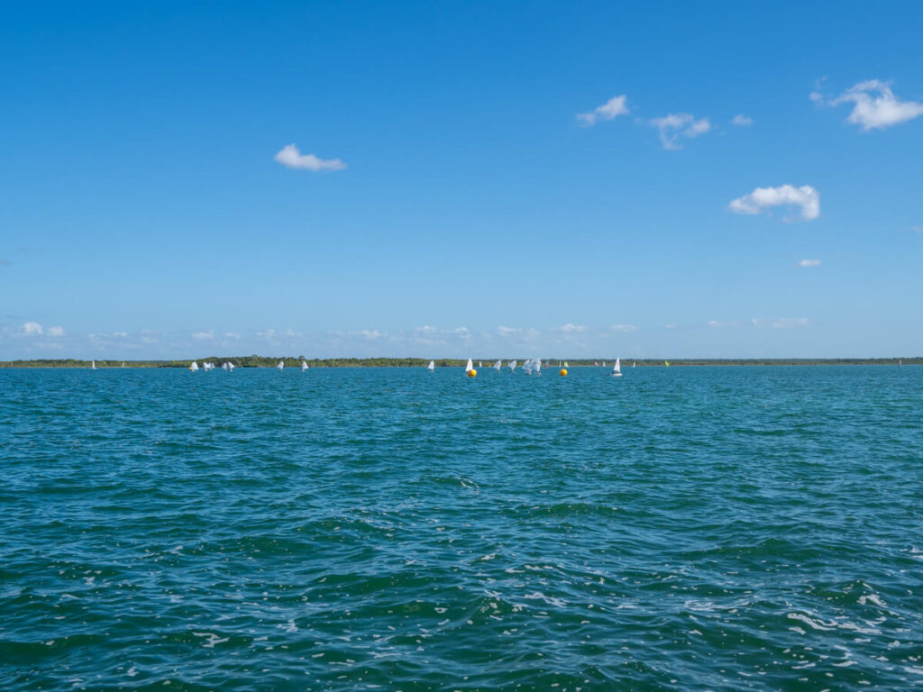 A large group of small white sailing boats in the distance at Bacalar Lagoon.