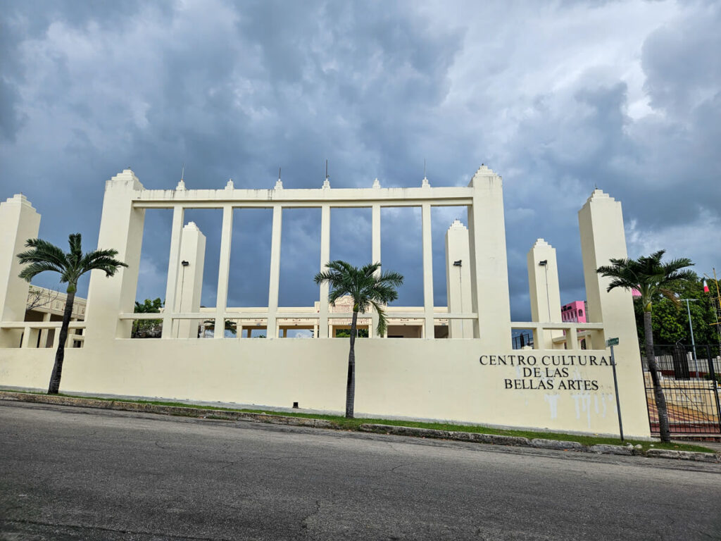 The exterior of the white Centre of Arts in Chetumal, Mexico.