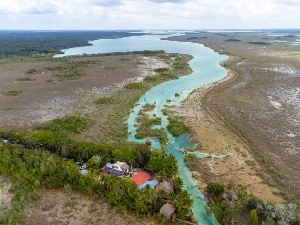 Bacalar Rapids stretching out into the distance, as viewed from a drone.