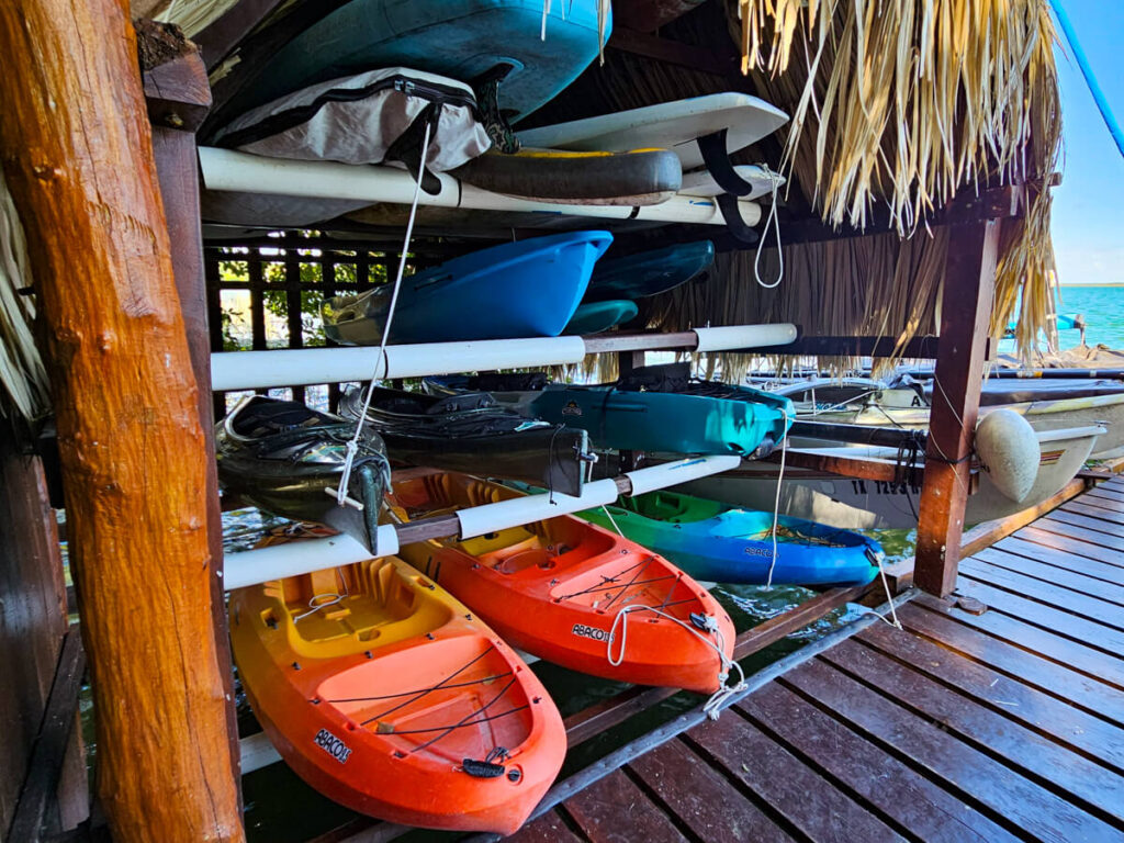 A selection of kayaks and boards provided at the Eco Hotel Casa Lamat, Bacalar.
