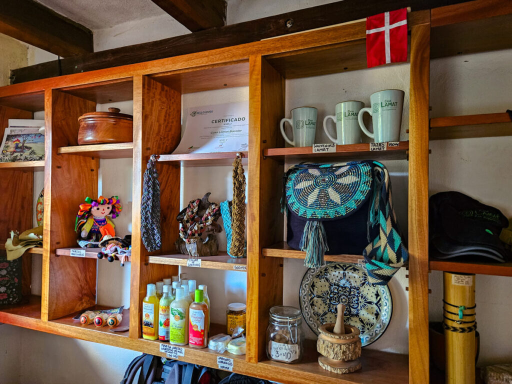The small-scale Casa Lamat gift shop and Green Destination certificate.