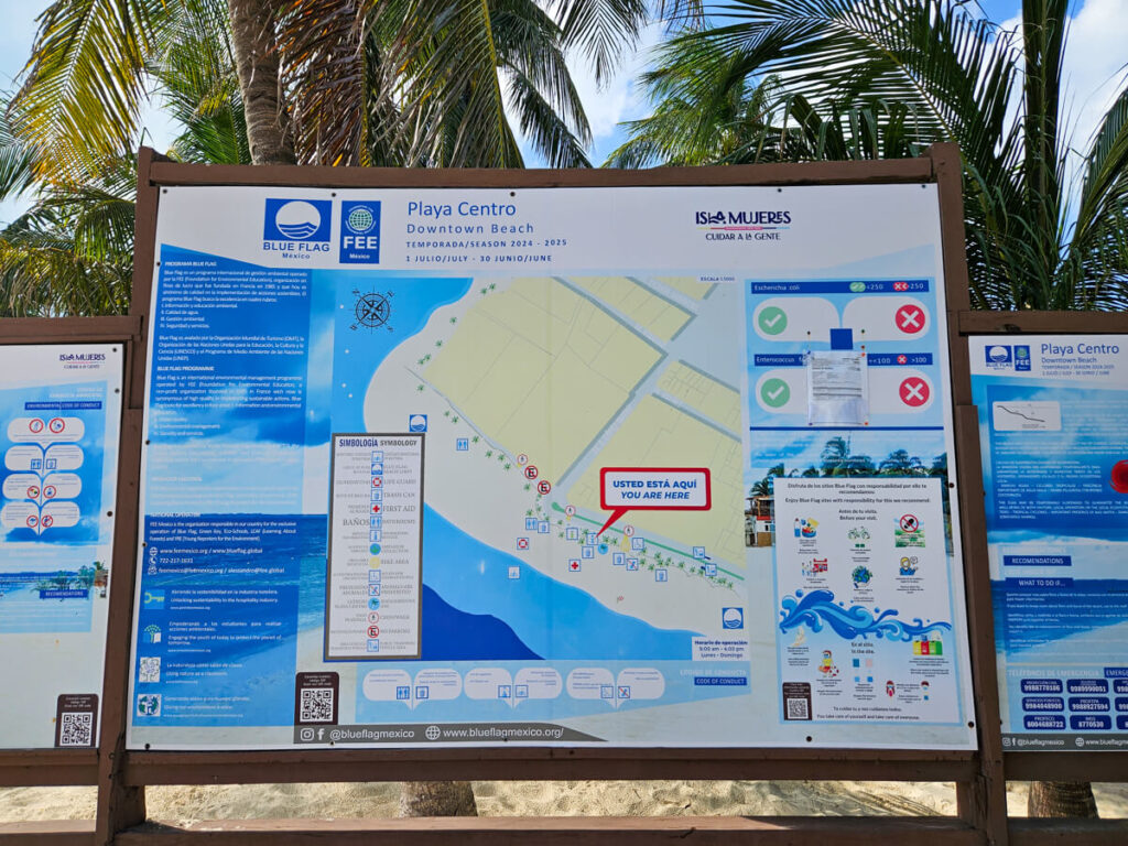A map of Playa Centro, one of the best beaches on Isla Mujeres, Mexcio.