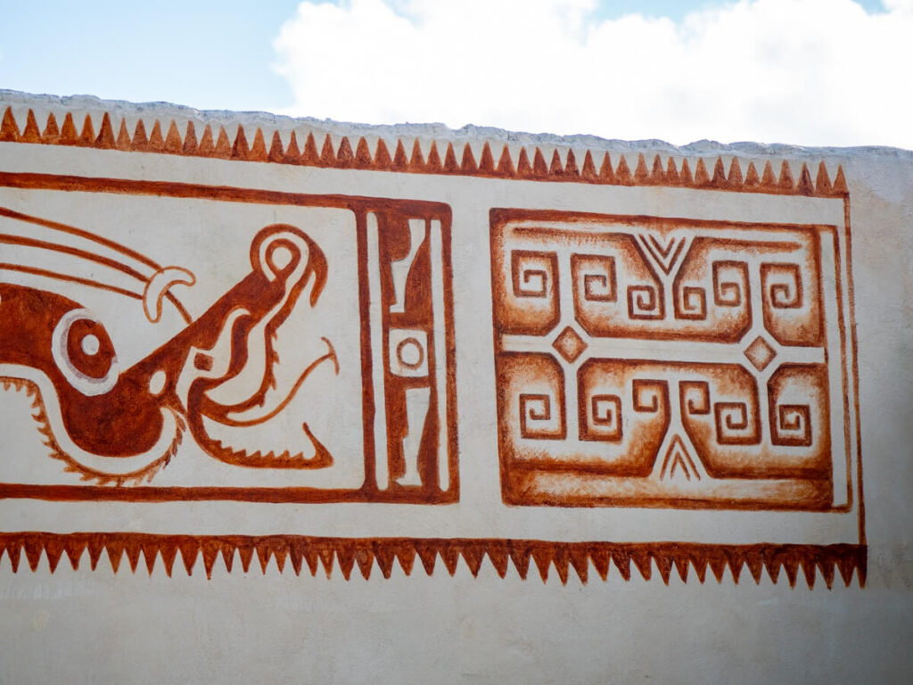 A painting of the Mayan 'feathered serpent' on a wall at the Eco-hotel Casa Lamat, Bacalar.