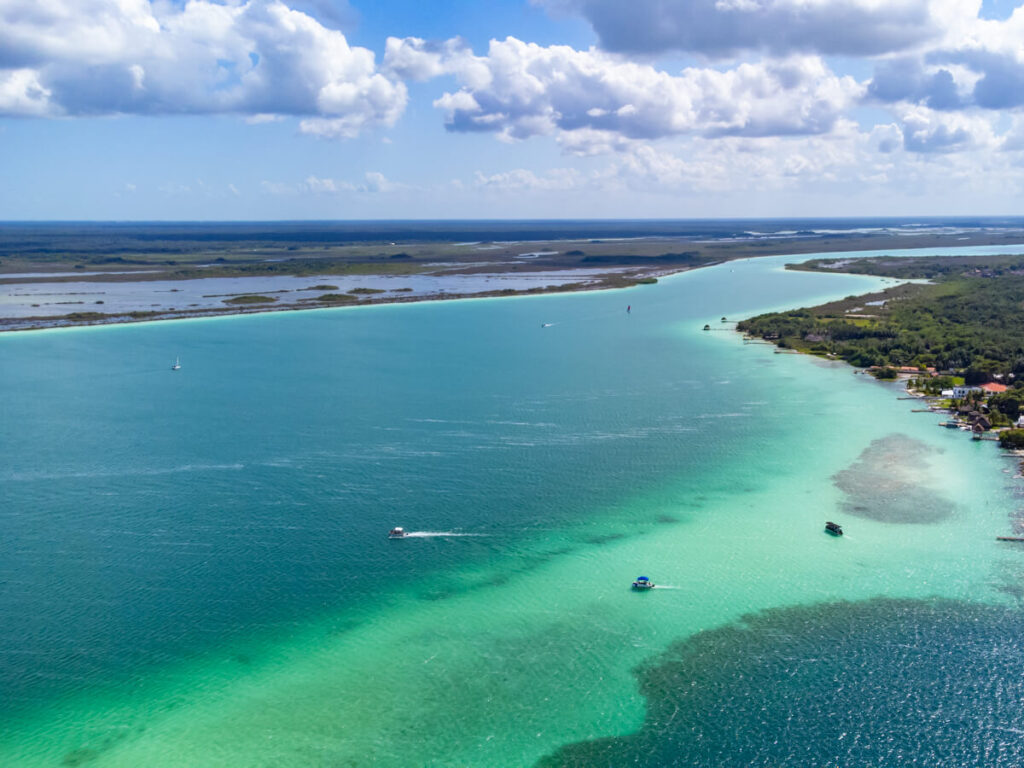 The mouth of Bacalar lagoon as viewed from a drone.