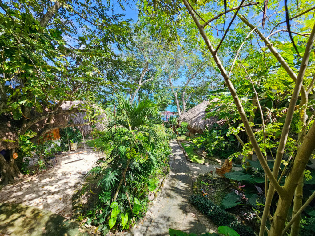 Bacalar Lagoon as viewed from one of the rooms at the Eco-Hotel Casa Lamat. A path is leading towards the water as is winds past a bright and colourful garden.