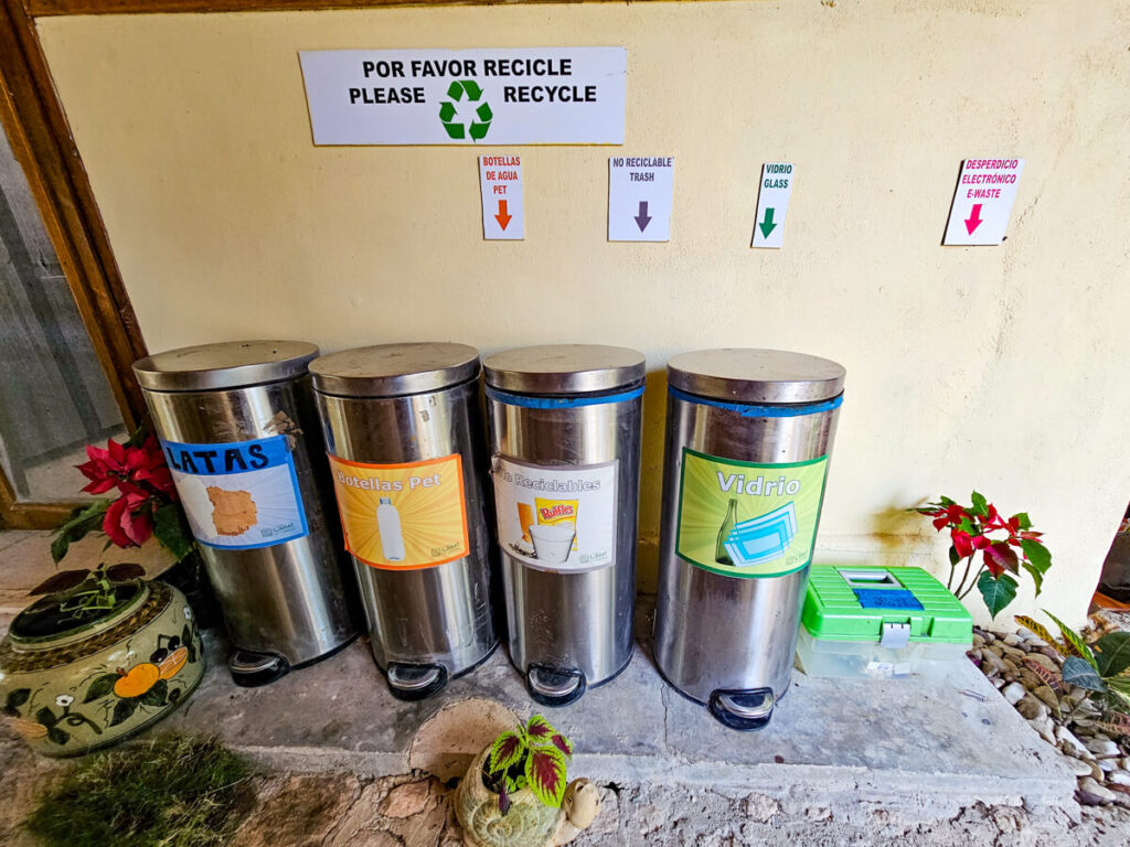 A selection of recycling bins at the Eco-hotel Casa Lamat in Bacalar. The council in Bacalar does not fund recycling, and so the staff at Casa Lamat have set it up themselves.