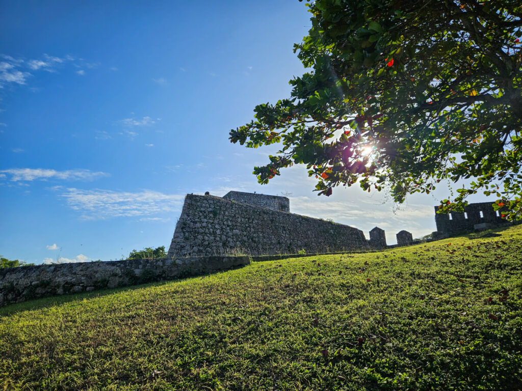 San Felipe Castle on the top of a small hill in Bacalar in the sunshine.