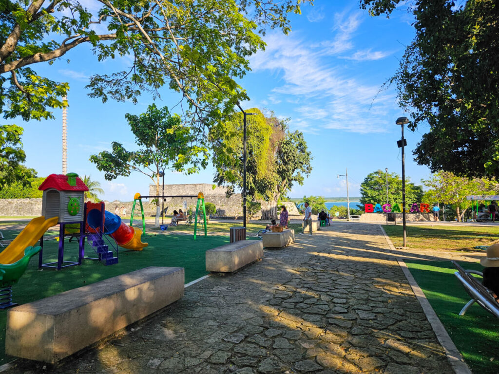 Slides and swings in Zocalo Park in Bacalar.