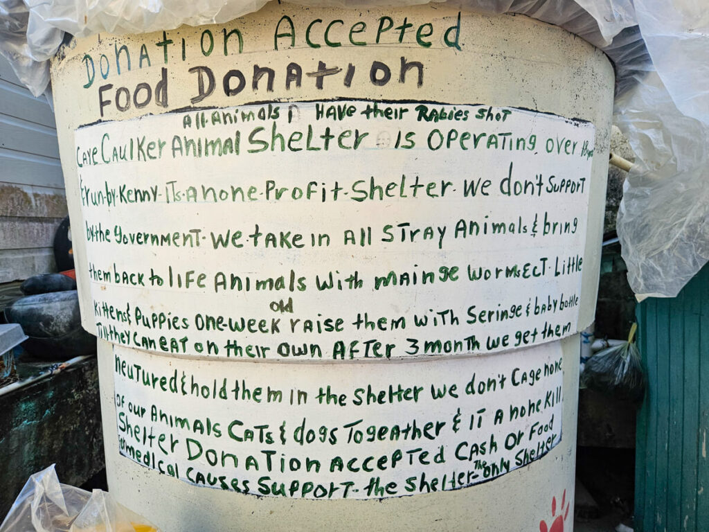 A noticed displayed at Caye Caulker Animal Shelter explaining that donations are accepted, all the animals at the shelter have been neutured and are regularly immunised, and are never kept in cages.